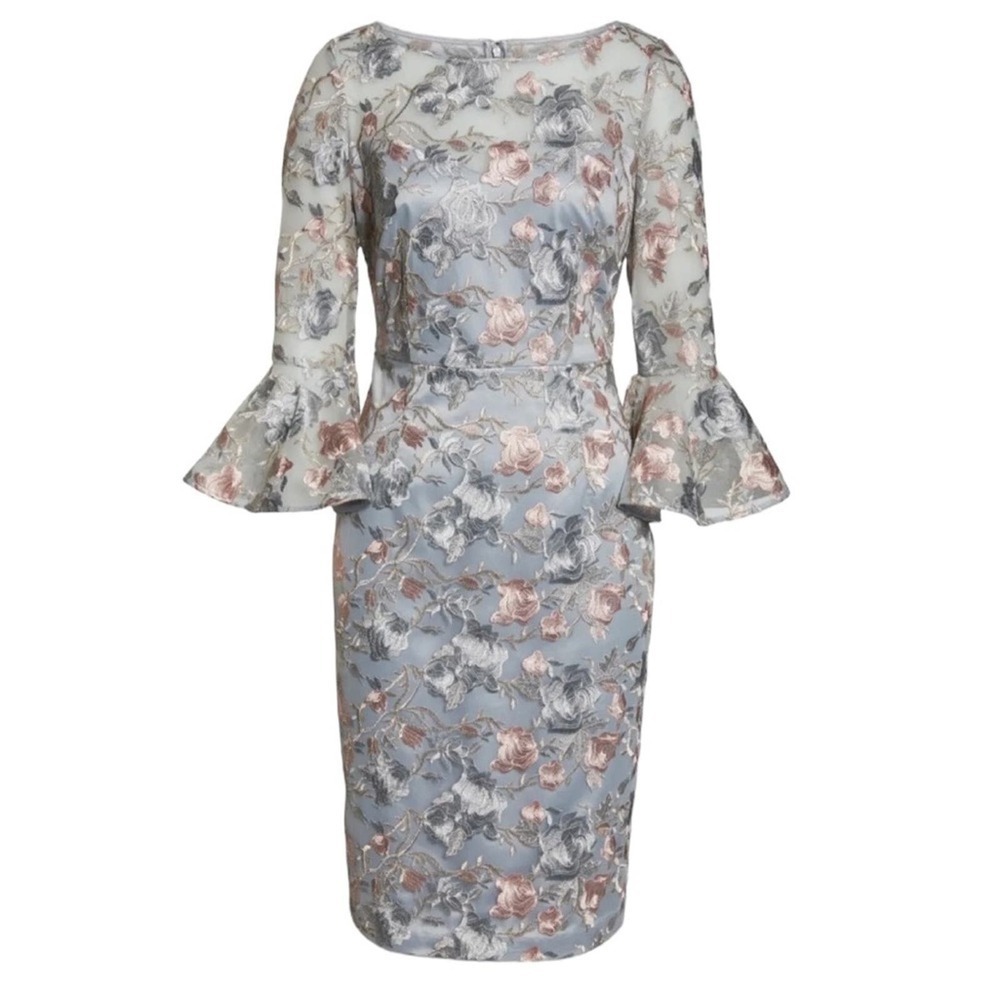 Eliza J Floral Embroidered Sheath Dress 2 Gray Pink Bell Sleeves Floral Womens